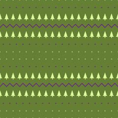 Festive Green Forest Pattern with Trees and Zigzag Lines