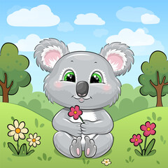 Cute Cartoon Koala with a red flower in Nature.