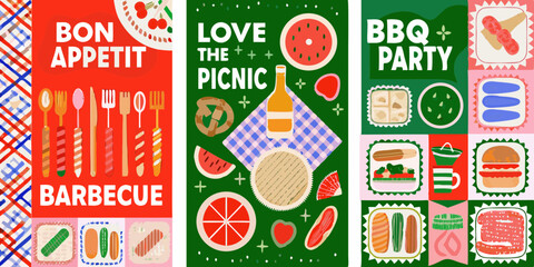 Colorful Collage of Summer Barbecue and Picnic Illustrations with Food and Drinks for Party Invitations and Decorations