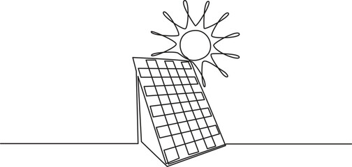 Solar energy in continuous line art drawing style. Solar panels facing the Sun to collect heat by absorbing sunlight. Black linear design isolated on transparent background. Vector illustration