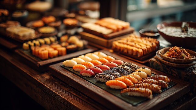 A beautifully arranged platter of various sushi types on a wooden serving board, set in a cozy, dimly lit environment.