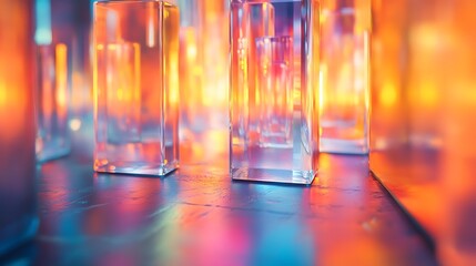 Illuminated glass cuboids displaying vibrant light refractions and chromatic gradients