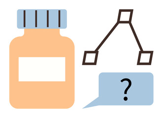 Medicine container beside a molecule diagram and speech bubble with a question mark. Ideal for healthcare, research, chemistry, education, pharmacy, diagnosis, innovation. Simple flat metaphor