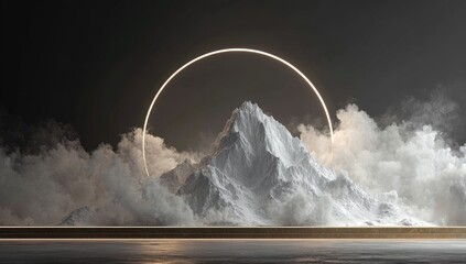 A snow-capped mountain peak emerges from swirling fog, encircled by a glowing golden ring, resting on a dark platform
