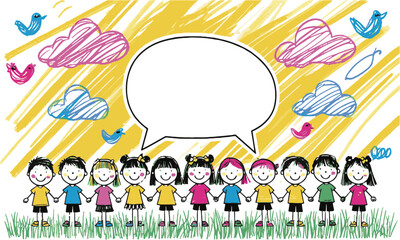 Fototapeta premium Vector illustration featuring a group of smiling stick-figure children standing on both sides, easily editable and scalable.