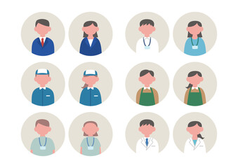 働く人　ベクター　シンプル　職業　イラスト　男女　フラット　アイコン　セット