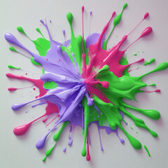 Vibrant Pink, Green, and Purple Paint Splatter Explosion; Abstract Artistic Background Image