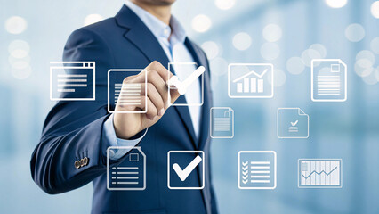 Businessman interacting with digital interface of business icons and data analysis isolated on white background