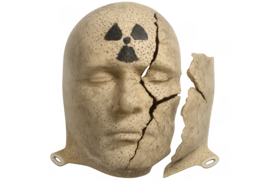 Cracked mannequin head bearing radioactive warning sign, symbolizing nuclear hazard against transparent backdrop