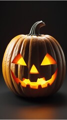 Halloween jack o lantern pumpkin glowing with a spooky face on a dark background