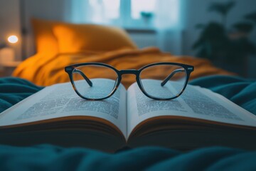 Glasses on Open Book in Cozy Bedroom Setting with Warm Colors