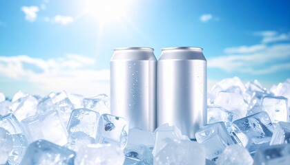 Obraz premium Dos latas de refresco Blancas se encuentran entre brillantes cubitos de hielo, reflejando la luz del sol. El cielo azul brillante crea un fondo veraniego perfecto,