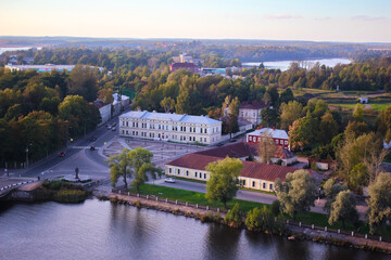 Panoramic view from the top of Vyborg Castle tower with colorful European-style houses and classic architecture. Historic cityscape in the northwest of Russia