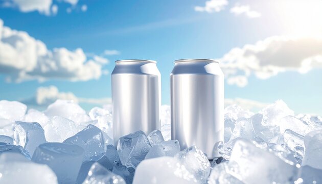 Dos latas de refresco Blancas se encuentran entre brillantes cubitos de hielo, reflejando la luz del sol. El cielo azul brillante crea un fondo veraniego perfecto,