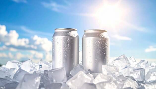Dos latas de refresco Blancas se encuentran entre brillantes cubitos de hielo, reflejando la luz del sol. El cielo azul brillante crea un fondo veraniego perfecto,
