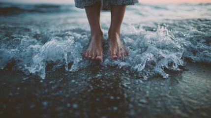 Fototapeta premium Person's feet immersed in ocean waves during sunset, capturing a serene and peaceful beach moment with gentle surf.