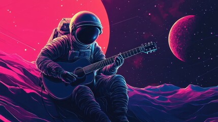 Cosmic Harmony: Guitarist Strumming Melodies in an Alien Landscape