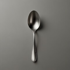 A single silver spoon is depicted from a top-down perspective, positioned on a slightly darker shade of grey than the previous image. The spoon's reflective qualities are prominent, contrasting subtly