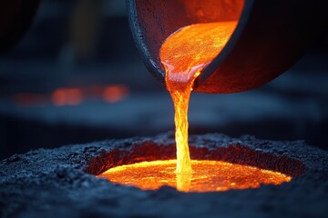 Molten Metal Flowing from Crucible into Sand Mold at Foundry