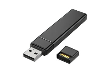 A close up of a black usb drive with its cap off on a black background in a studio setting