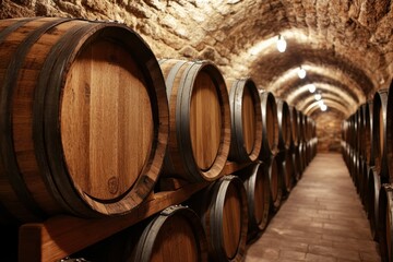 Aged French Oak Barrels Arranged in a Rustic Abbey Cellar for Fine Wine Production