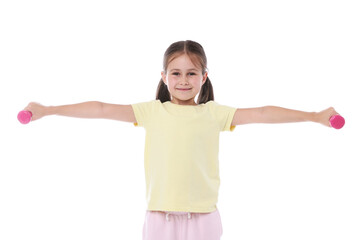 Little girl with dumbbells on white background