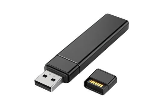 A close up of a black usb drive with its cap off on a black background in a studio setting