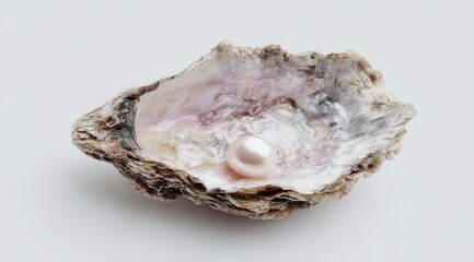 A single, lustrous pearl rests within a slightly open oyster shell, its pale pink interior contrasting with the rough, textured exterior against a stark white backdrop