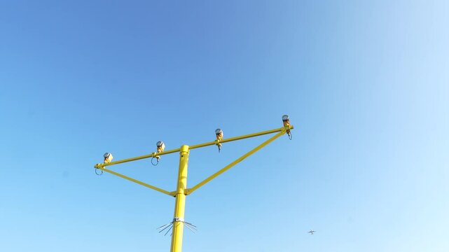approach light at airfield runway. Flying, traveling, transport, airport runway.