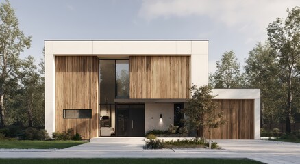 Fototapeta premium Modern minimalist house, wood and stucco siding, large windows, attached garage, landscaped yard