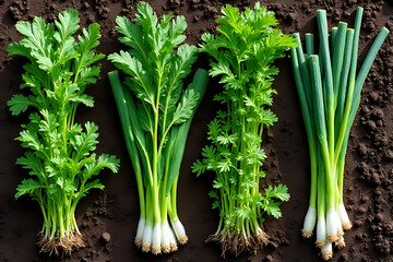 Obraz premium Top view of freshly watered herb garden bed with arugula, coriander, and scallions arranged in perfect rows, damp rich soil