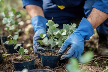 Fototapeta premium Dedicated Nursery Worker Cultivating Eucalyptus Seedlings in Blue Uniform for Sustainable Agriculture