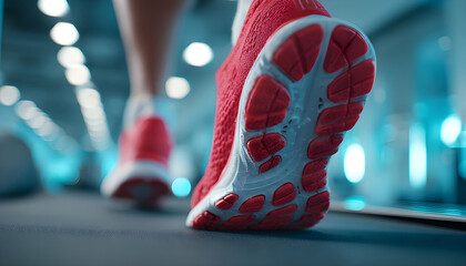 Woman running on treadmill in gym. Close-up shot of legs feet in running shoes. Fitness workout, cardio exercise. Sport, health, wellness, training