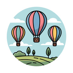 Naklejka premium Three Colorful Hot Air Balloons Floating Above a Rolling Green Hillside with Small Trees Under a Light Blue Sky with Fluffy White Clouds Cartoon Illustration