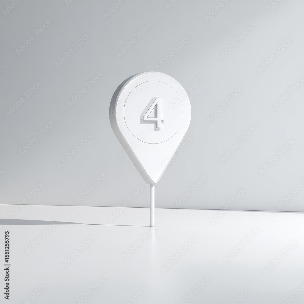 Fototapete A minimalist 3D render of a white map marker with the number four subtly embossed within a circle.  It casts a small shadow on a reflective surface