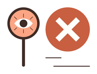 Magnifying glass with an eye next to a red X-mark signifying scrutiny or denial. Ideal for error detection, boundary, caution, privacy, restrictions, disapproval, decision-making in simple flat