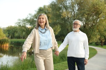 Lovely senior couple walking together near lake in park