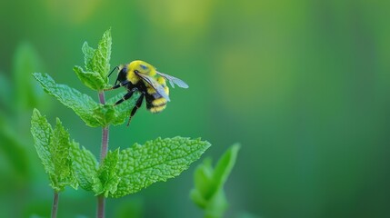 Bumblebee pollinating fresh mint leaves in a vibrant garden during daylight
