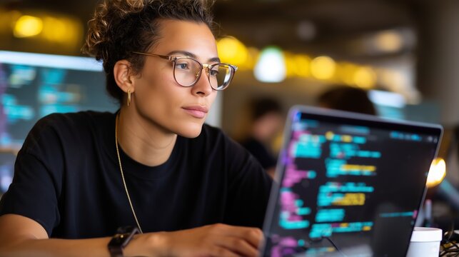 Focused young woman programming on a laptop in a modern workspace filled with ambient lighting