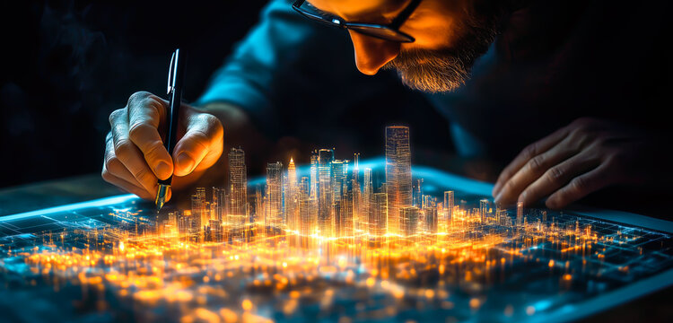 An architect brings architectural designs to life with 3D holographic construction models. The concept of innovation in architecture and futuristic design. Generative Ai. - Powered by Adobe