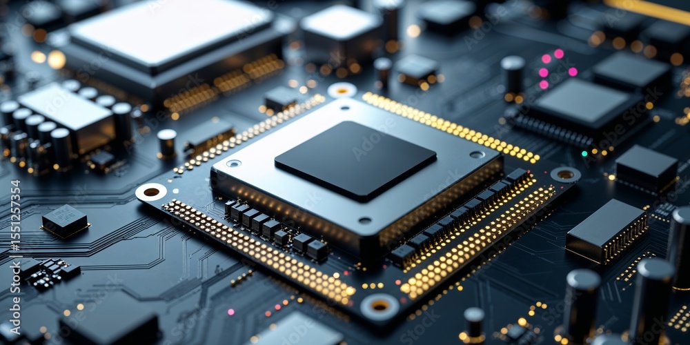 Poster close-up view of a computer microchip on a circuit board showcasing technology and design intricacie