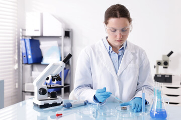 Scientist working with sample in Petri dish at table in laboratory