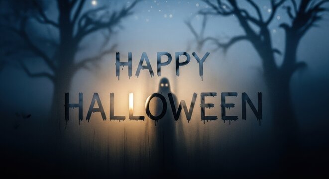 Happy Halloween text on foggy glass with phantom silhouette and glowing eyes in haunted forest. Spooky holiday concept.