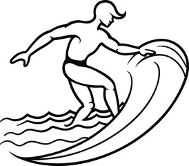 Naklejka premium Surfer Riding Ocean Wave Black Line Art Illustration Male Athlete Summer Sport Activity