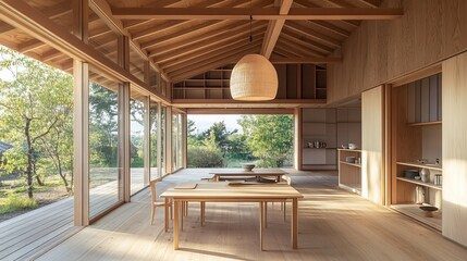 Sunlit minimalist interior with wooden architecture, large windows showcasing tranquil garden views, and simple furniture
