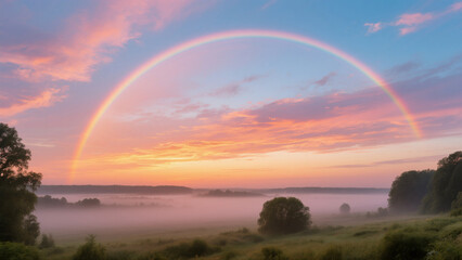 A rainbow appearing at sunrise in the morning