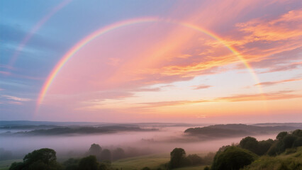 A rainbow appearing at sunrise in the morning