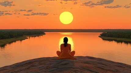 Pixel Art Serenity Figure Meditates During Sunset over River with Warm Hues