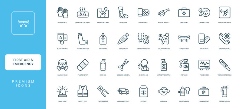first aid emergency medical care collection linear icons