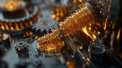 Magnified View of Dual Clutch Transmission Gears with Orange Glow